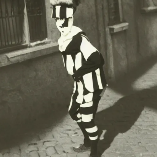 Prompt: a photo of a harlequin mime in madrid in the spanish civil war