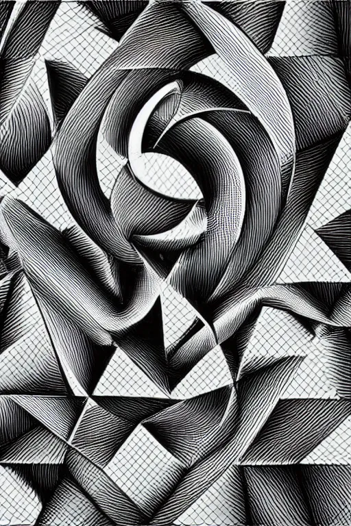 Image similar to intricate black and white 3d illustration of a ? symbol in style of m.c. Escher