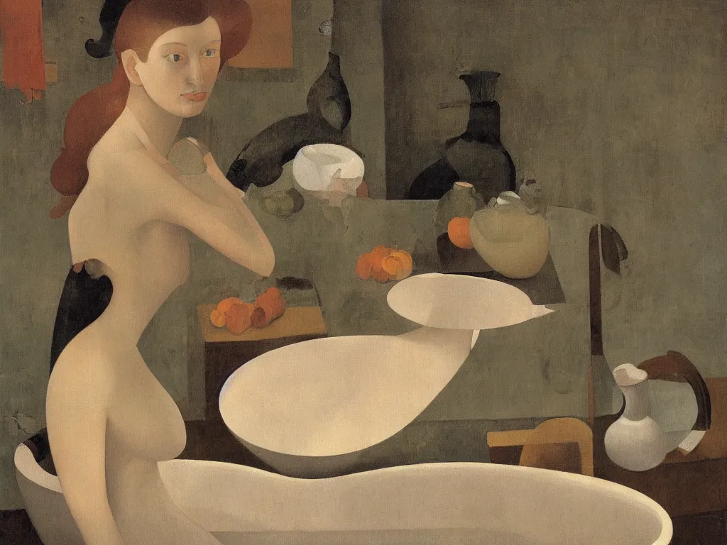 Image similar to Portrait of a blonde woman in the bathtub with amphora and crane. Painting by Balthus, Morandi, Georgia O'Keefe