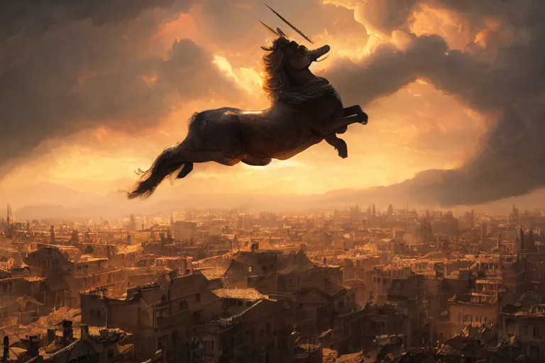 Prompt: a unicorn flying over a city on fire, matte painting, long shot, concept art, wide shot, digital art, trending on artstation, 4 k, extremely detailed, realistic, midday, warm colors, golden sunlight, by greg rutkowski, cinematic, epic