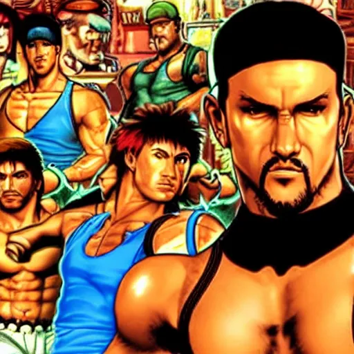 Image similar to portrait of rambo in double dragon video game splash screen