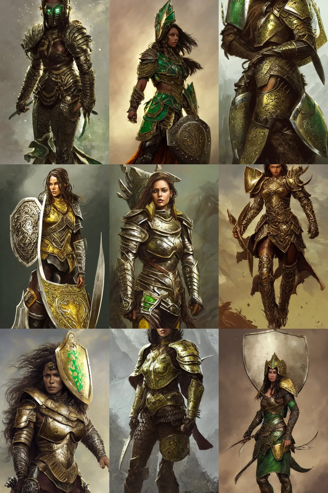 Prompt: full body portrait of a rugged female warrior dark skin medium length brown hair and a very highly detailed face wearing elegant white, green and gold plate mail armor intricately painted, holding a huge shield, very highly detailed, artstation, realistic character concept art, sharp focus, by greg rutkowski, and magali villeneuve