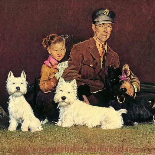 Image similar to a family of west highland terriers in the style of norman rockwell