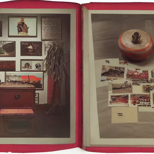 Prompt: A three color offset photography of objects on display, anthropology of wonder, exotic artifacts, colonial expedition, catalog exhibition, 60s style