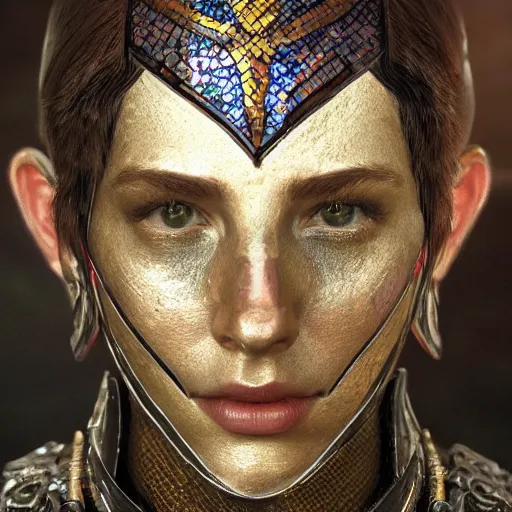 Prompt: hyperrealistic mixed media image of magic mosaic stained glass armor skyrim, stunning 3 d render inspired art by greg rutkowski and xiang duan and thomas eakes, perfect facial symmetry, flesh texture, realistic, highly detailed attributes and atmosphere, dim volumetric cinematic lighting, 8 k octane detailed render, post - processing, masterpiece,