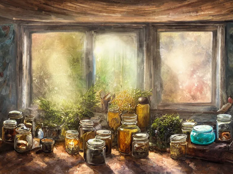 Image similar to expressive rustic oil painting, interior view of a cluttered herbalist cottage, waxy candles, jars on wall, wood furnishings, herbs hanging, light bloom, dust, ambient occlusion, morning, rays of light coming through windows, dim lighting, brush strokes oil painting