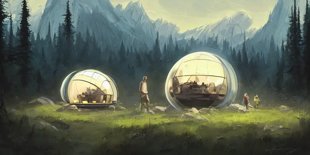 Image similar to cabela's tent sci - fi retro futuristic pop up family space pod, cabin, modular, person in foreground, mountainous forested wilderness open fields, beautiful views, painterly concept art, joanna gaines, environmental concept art, farmhouse, magnolia, concept art illustration by ross tran, by james gurney, by craig mullins, by greg rutkowski