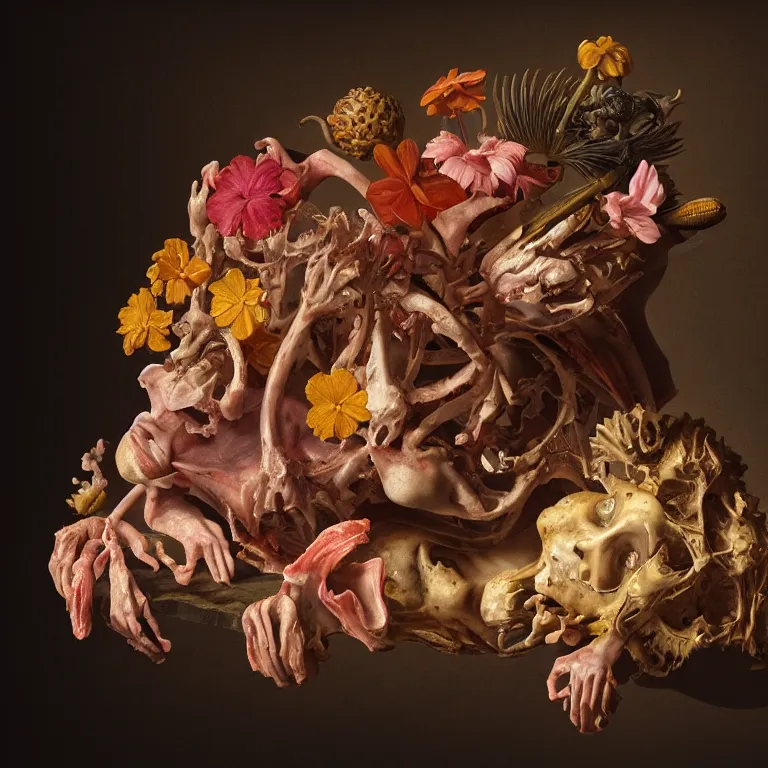 Prompt: still life of rotten flesh, beautiful tropical flowers, human spine, colorful mold, baroque painting, beautiful detailed intricate insanely detailed octane render, 8K artistic photography, photorealistic, chiaroscuro, Raphael, Caravaggio