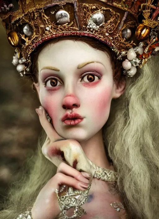 Image similar to closeup medieval otto dix face portrait of a fairytale princess wearing a crown eating cakes in the castle, bikini, depth of field, zeiss lens, detailed and intricate environment, fashion photoshoot by nicoletta ceccoli, mark ryden, lostfish, breathtaking, 8 k resolution, extremely detailed, beautiful, establishing shot, artistic, hyperrealistic, octane render