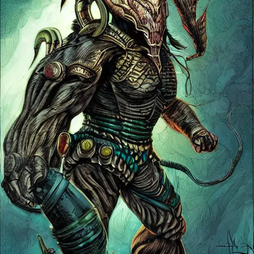 Prompt: precisely drawn illustration of Predator blended with Loki, wide angle, sharp, fine details, French comic style, vibrant realistic colors, full color, heroic fantasy, intense line art, 8k, precise linework, realistic, in the style of Heavy Metal Comics and Richard Corben and Moebius