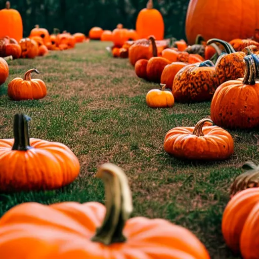 Prompt: a videogame still of a Halloween town at the beginning of fall, pumpkins, 40mm lens, shallow depth of field, split lighting