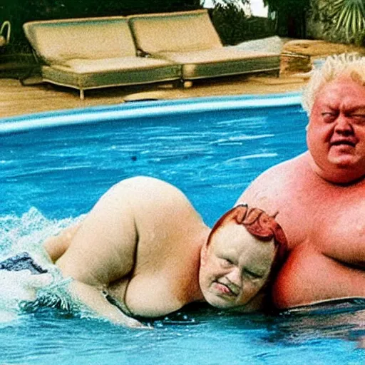 Prompt: photo of baron harkonnen swimming in a pool with the bene gesserit