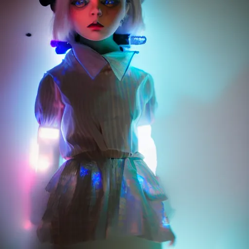 Image similar to blue cyber porcelain doll with led eyes. standing in middle of dark hallway. volumetric light on back. broken neon lighting. cyberpunk. high details, photorealistic, artstation trending. dark mood. h r ginger.