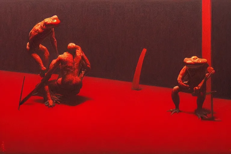 Image similar to only with red, a red samurai do seppuku, tokio, a lot of frogs watch, in the style of beksinski, parts by edward hopper, parts by rodcenko, parts by yue minjun, intricate and epic composition, red by caravaggio, insanely quality, highly detailed, masterpiece, red light, artstation, 4 k