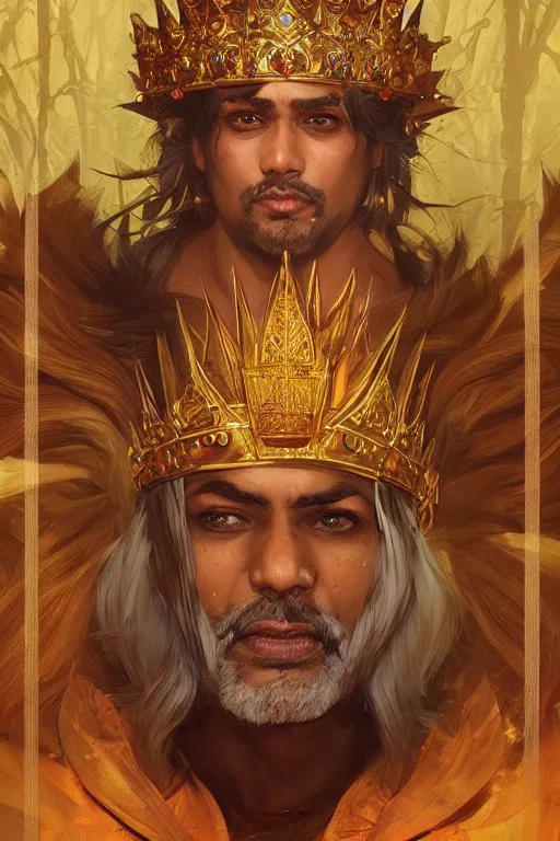 Image similar to Sanjiv Das wearing a golden crown, dungeons and dragons portrait, highly detailed, digital painting, artstation, concept art, sharp focus, illustration, art by artgerm and greg rutkowski and alphonse mucha