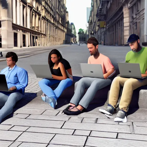 Image similar to a group of realistic bums on street using laptops with blender 3 d logotype on laptop, highly detailed, intricate, sharp focus, digital art, 8 k