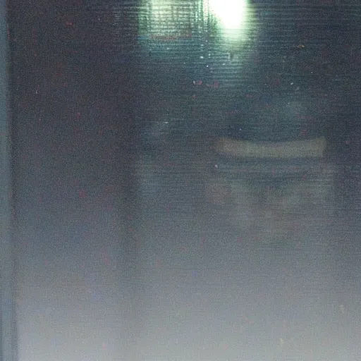 Prompt: grey alien at the window, blurry photo, night