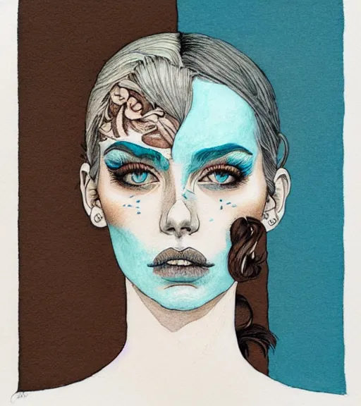 Image similar to portrait of a woman raised on the island face tatooes by kaethe butcher, dynamic lighting, gradient light blue, brown, blonde cream and white color scheme, grunge aesthetic