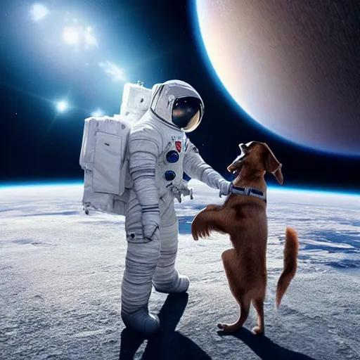 Image similar to a beautiful photo of an astronaut patting his dog, soft light, morning light, photorealistic, realistic, octane, 8k, cinematic shot