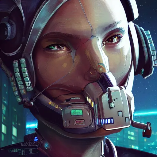 Prompt: cyberpunk spaceship pilot portrait, brawn, intricate, highly detailed, digital painting, artstation, concept art, sharp focus, illustration