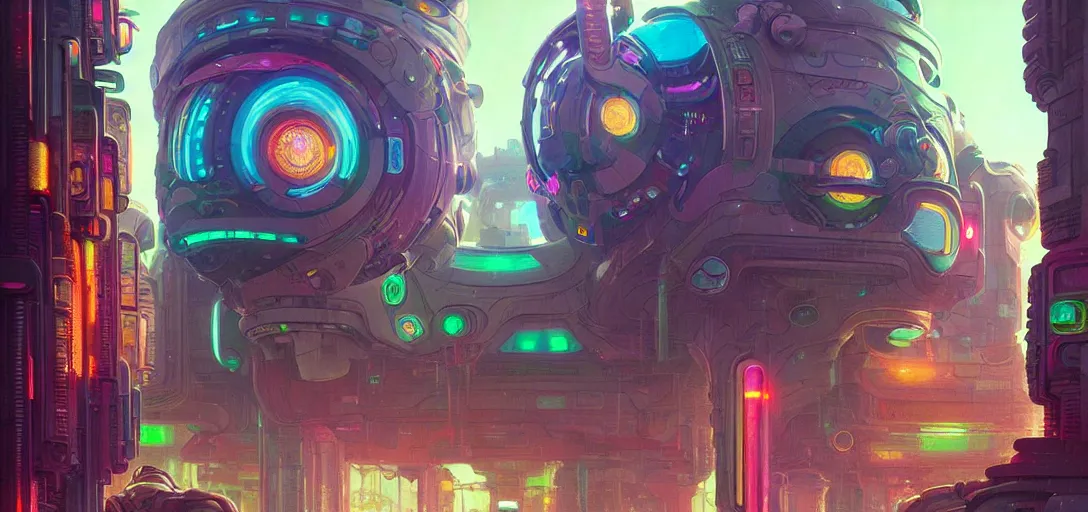 Prompt: street view of a cybernetic temple, vaporwave aesthetic, colorful, psychedelic, digital painting, artstation, concept art, smooth, sharp focus, illustration, art by artgerm and greg rutkowski and alphonse mucha