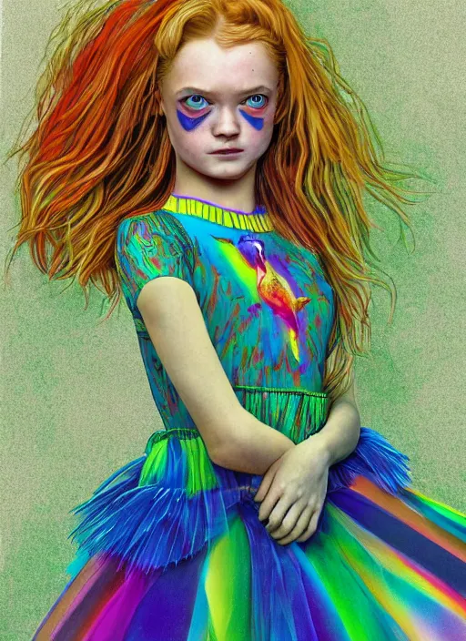 Image similar to surrealism psychedelic full body portrait sketch of sadie sink as delirium of the endless in fishnet top and rainbow tutu skirt from the sandman, floating goldfish, green and blue eye heterochromia by alex ross, josh kirby, detailed, elegant, intricate