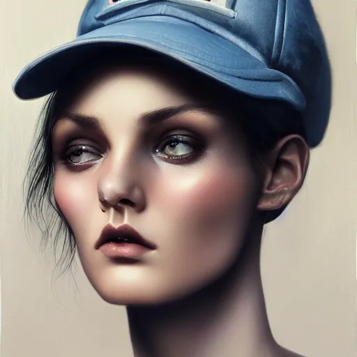 Image similar to tom bagshaw portrait, beautiful portrait of a woman with angel eyes in a suit, hair under a baseball cap, professionally retouched, focus eyes, ultra realistic soft painting, insanely detailed linework, symmetrical accurate intricate features, behance, 8 k