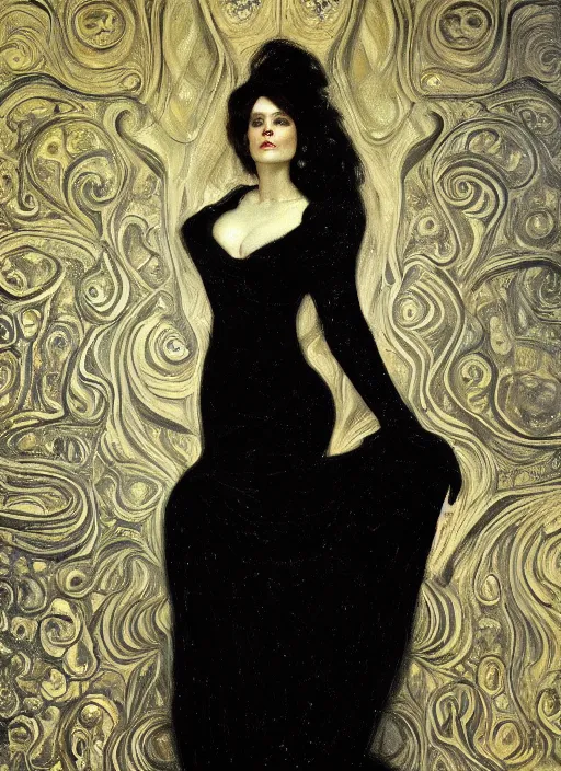 Image similar to highly detailed oil painting | very intricate | cinematic lighting | black, white and gold color scheme, dark background | a woman in black dress | by roberto ferri, by gustav moreau, by singer sargent and klimt, american romanticism, occult art | by austin osman spare, artstation, cgsociety, official art, octane