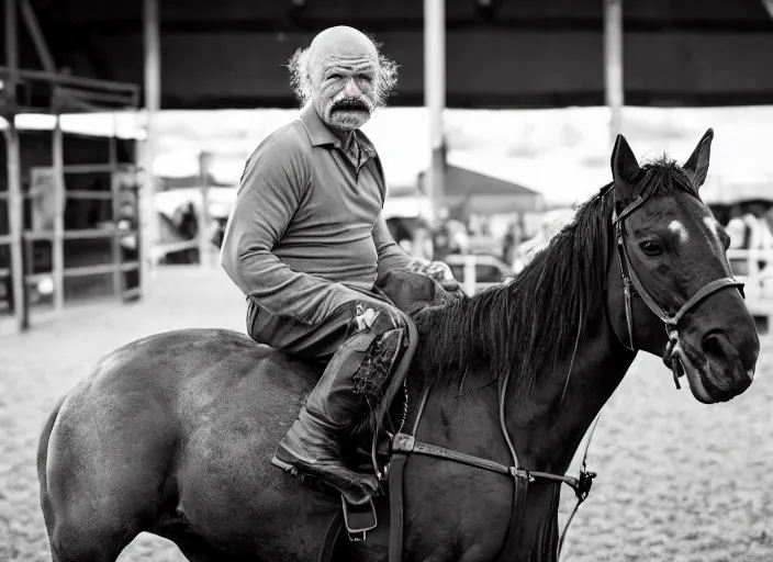 Image similar to photo still of charles bronson at the county fair!!!!!!!! at age 5 6 years old 5 6 years of age!!!!!!!! riding a small pony, 8 k, 8 5 mm f 1. 8, studio lighting, rim light, right side key light