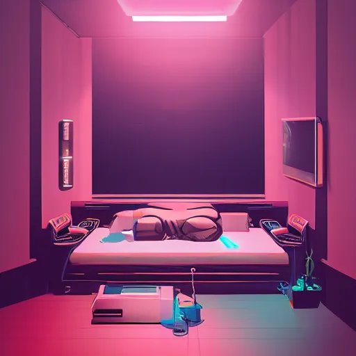 Image similar to a guy sitting on a bed in a room, cyberpunk art by Victor Mosquera, behance contest winner, panfuturism, darksynth, synthwave, retrowave