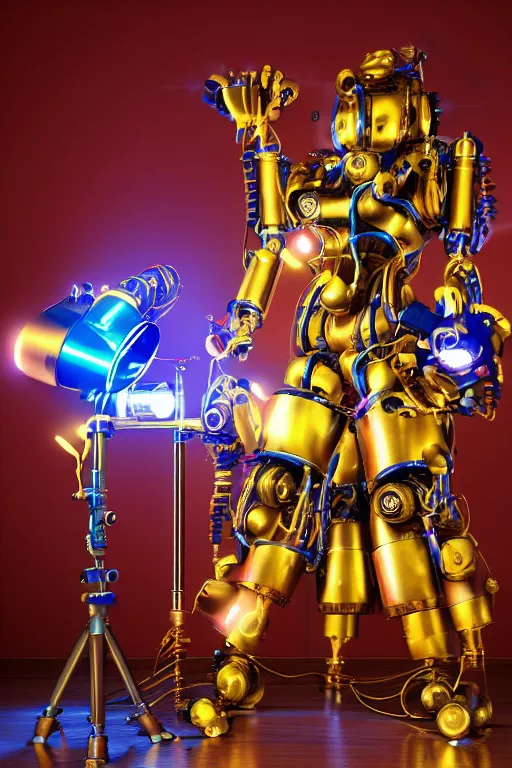 Prompt: portrait photo of a giant huge golden and blue metal female humanoid steampunk robot singer with headphones and gears and tubes, in the foreground is a big red glowing microphone on a tripod, eyes are glowing red lightbulbs, shiny crisp finish, 3 d render, 8 k, insaneley detailed, fluorescent colors, background is multicolored lasershow