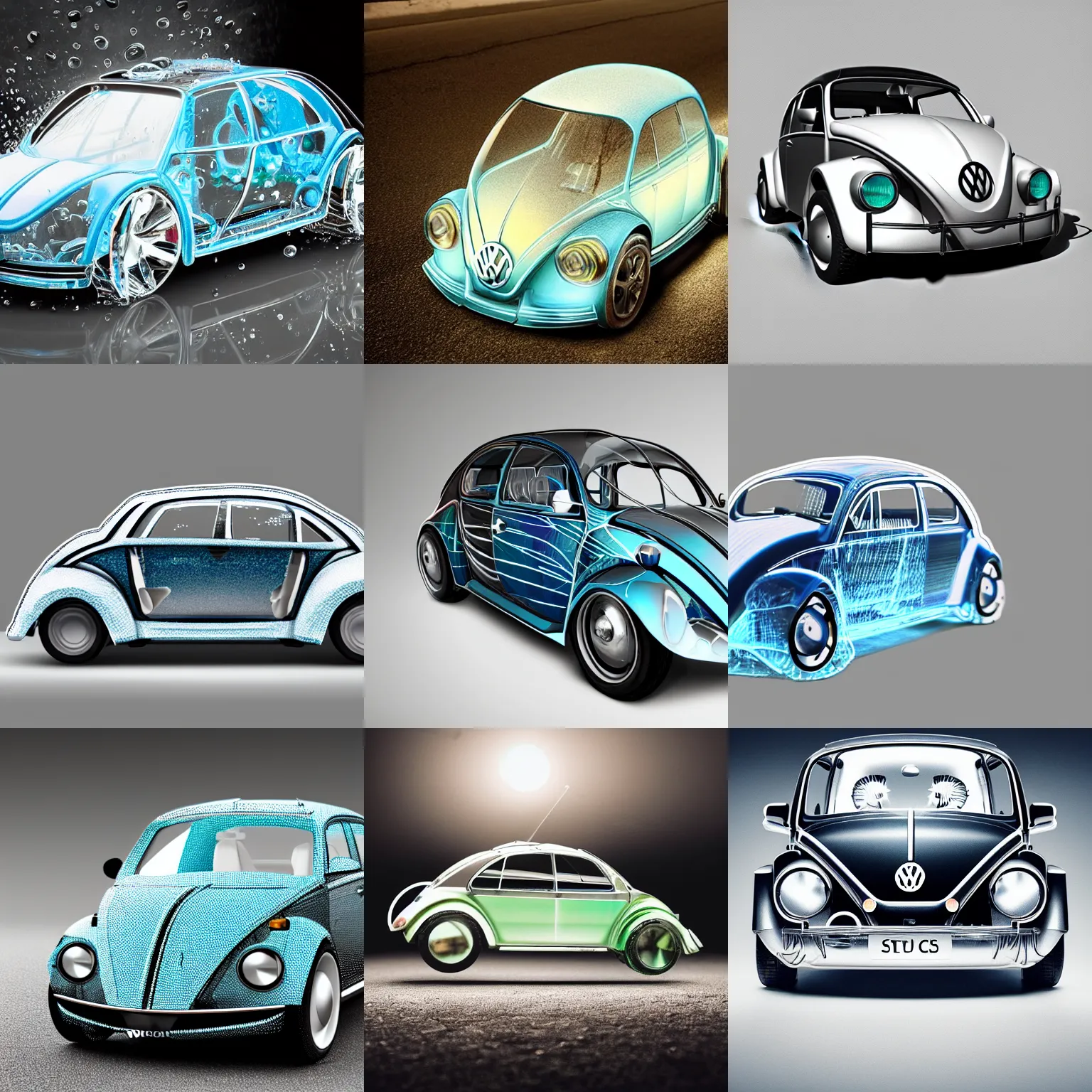 Prompt: a transparent volkswagen bug car made of water glass, studio lighting, professional photography, trending on artstation