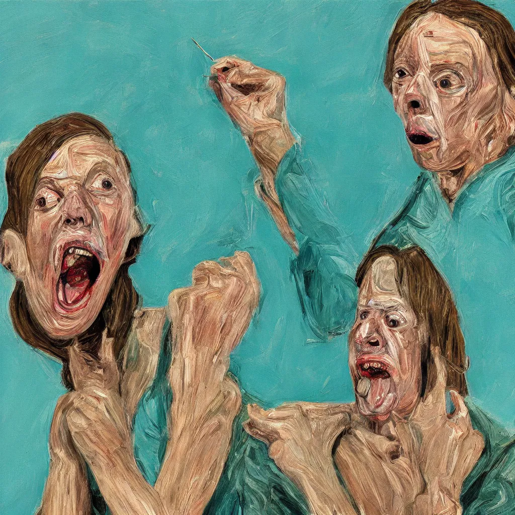 Image similar to high quality high detail painting by lucian freud, jenny savile, scream, turquoise, hd