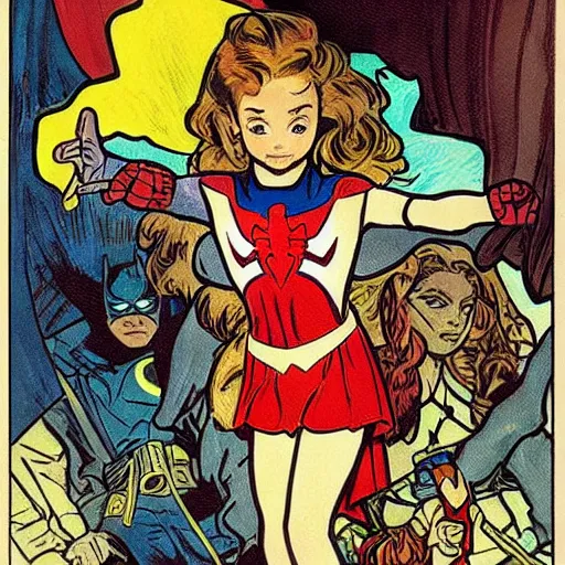 Prompt: a little girl with a mischievous face and light brown curly wavy hair. she is dressed as captain america, spider - man, batman, captain marvel, a superhero. well composed, clean elegant painting, beautiful detailed face. comic book superhero art by steve ditko and jack kirby and alphonse mucha