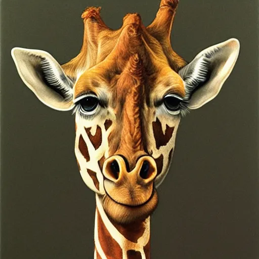 Prompt: an oil painting of a giraffe painted by arcimboldo