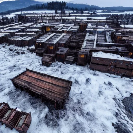 Image similar to top down drone footage of post pocaliptic frostpunk landscape, old abandoned lumber mill, crates with wood and supply, beautiful icy area