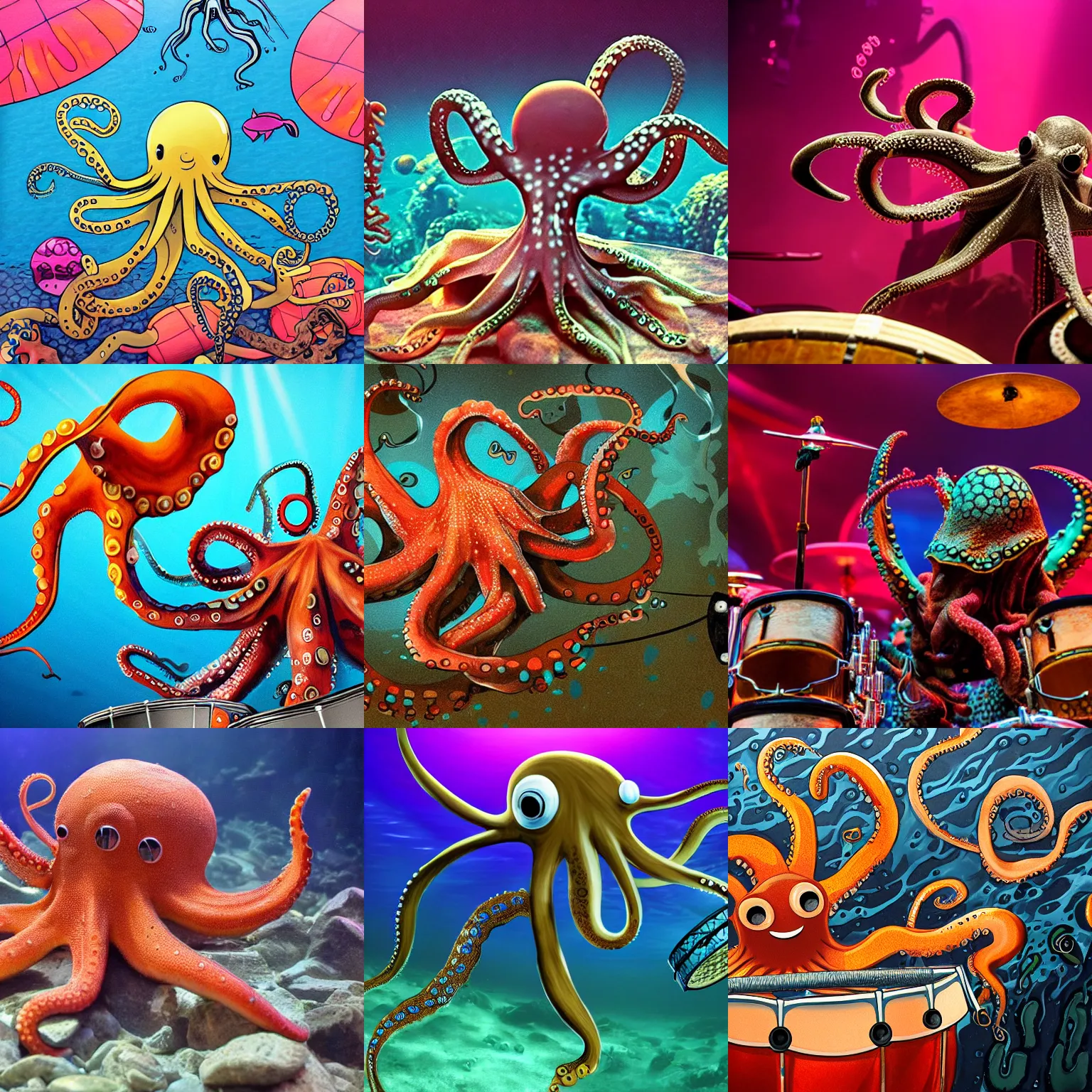 Prompt: an octopus playing the drums in a underwater rock concert