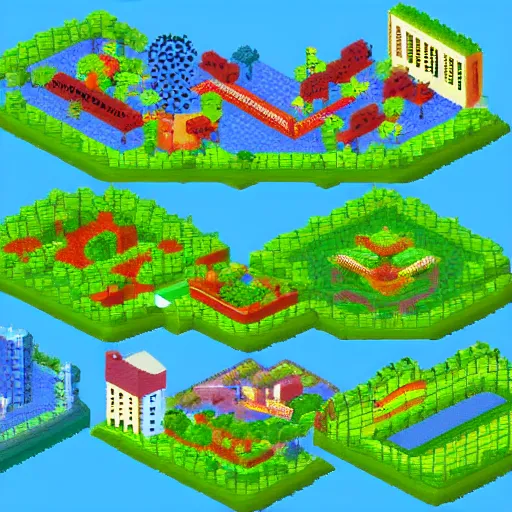 Prompt: pixel art of a city, nature park in the middle