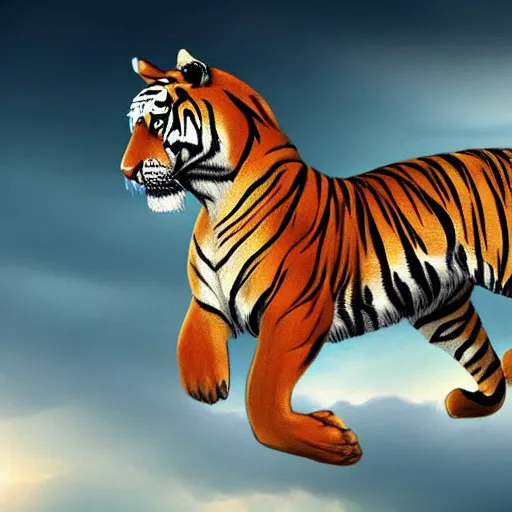 Image similar to tiger horse hybrid floating in the calm sky, trending in artstation, digital art, wow, stunning, high quality, 1 6 k, intrincate, very detailed, velvet fur