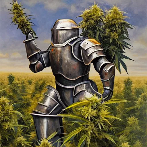 Image similar to an high detailes acryl painting of a full armored knight, squatting in a field of cannabis plants, colorfull, trending on artstation