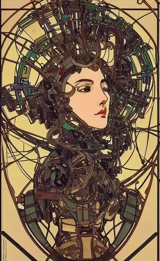 Image similar to upper half portrait of army mecha robot - wires and vines as poster design borders, art by alphonse mucha & utagawa kunisada, highly detailed, digital painting, concept art, illustration, smooth sharp focus, intricate, symmetry, artstation, colourful,