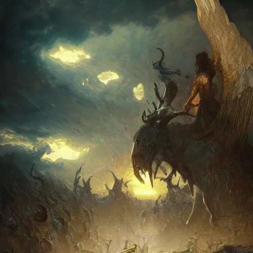 Prompt: book of enoch, angels capture demons with huge chains and send them to hell, by greg rutkowski and tezuka and bierstadt, trending on artstation