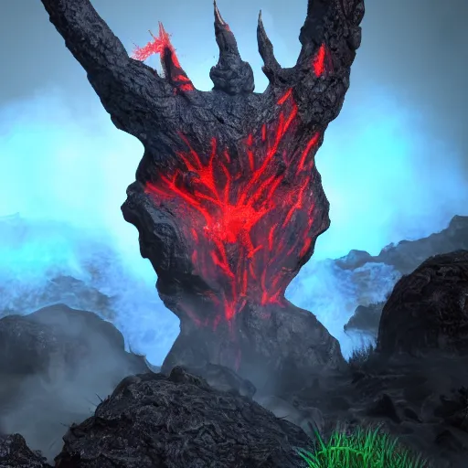 Image similar to molag bal, tyrant, glowing red eyes, lava pools, cracked ground, photorealistic