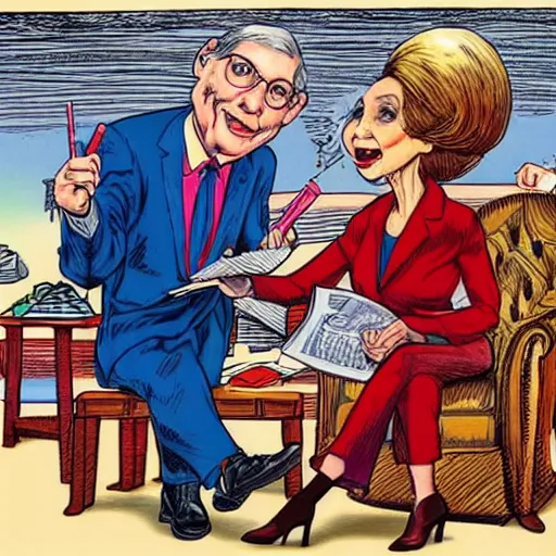 Image similar to The Artwork of R. Crumb and his Cheap Suit Mitch McConnell and Nancy Pelosi, pencil and colored marker artwork, trailer-trash lifestyle