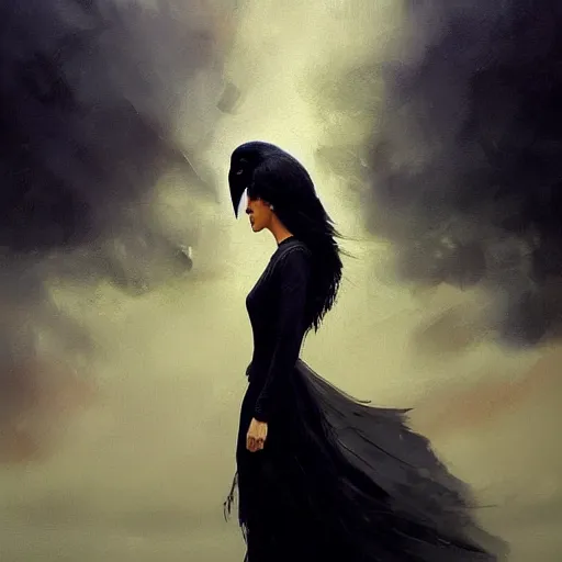 Image similar to morning, a woman in a black dress with a raven head. no face. sun, cinematic, clouds, vogue cover style, contracting colors mood, realistic painting, intricate oil painting, high detail, figurative art, poster art, by simon bisley, ismail inceoglu, wadim kashin, filip hodas. pixar theme.