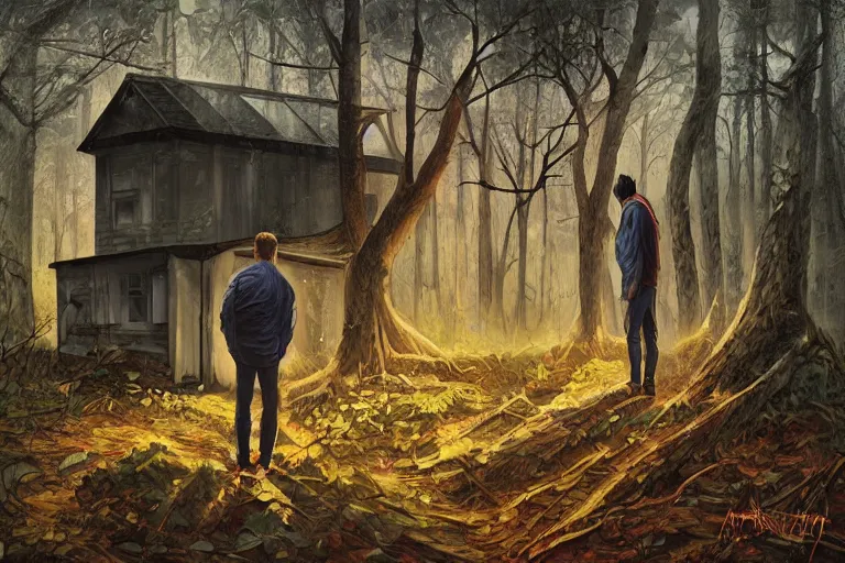 Prompt: man standing in front of an abandoned house in a forest, derelict house, digital art, expressive oil painting, by dan mumford, by artgerm, close up detailed body, evening, neoclassical painting