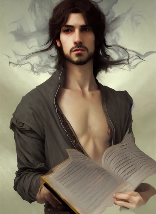 Prompt: character concept portrait of an attractive young aroused Spanish wizard with pale skin enchanting a protection spell, a floating iridescent spell book in the center, intricate, elegant, digital painting, concept art, smooth, sharp focus, illustration, from Metal Gear, by Ruan Jia and Mandy Jurgens and William-Adolphe Bouguereau, Artgerm