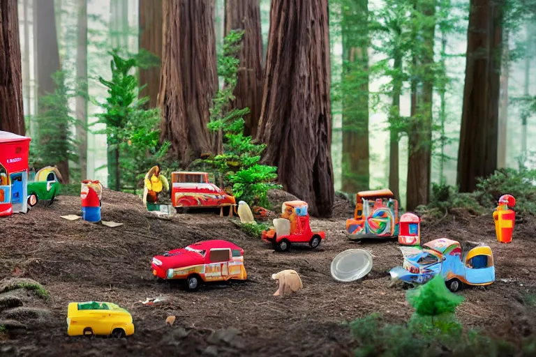 Image similar to fisher price redwood forest, california scene from tv show hyper detailed 5 5 mm 8 5 mm, toy photography, made out of plastic