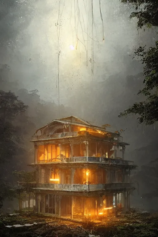 Prompt: a ( ( decaying old library ) ) with a ( rainforest ) growing inside, orange - glowing - magical - wisps in air, highly detailed, intricate detail, realistic shaded lighting, beautiful 3 d rendering, octane render, hyperrealistic, trending on artstation, by greg rutkowski and simon stalenhag