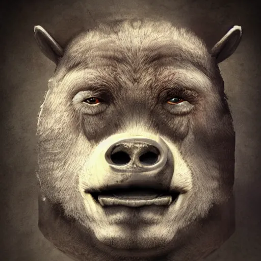 Image similar to manbearpig, a creature that is part bear, man, and pig, portrait, award winning photo, trending on artstation